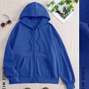 SHEIN EZwear Zip Up Drop Shoulder Hooded Long Sweatshirt